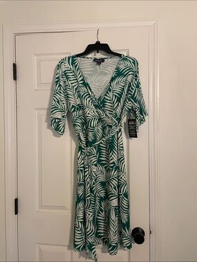 Roaman's Green & White Palm-Print Wrap Midi Dress